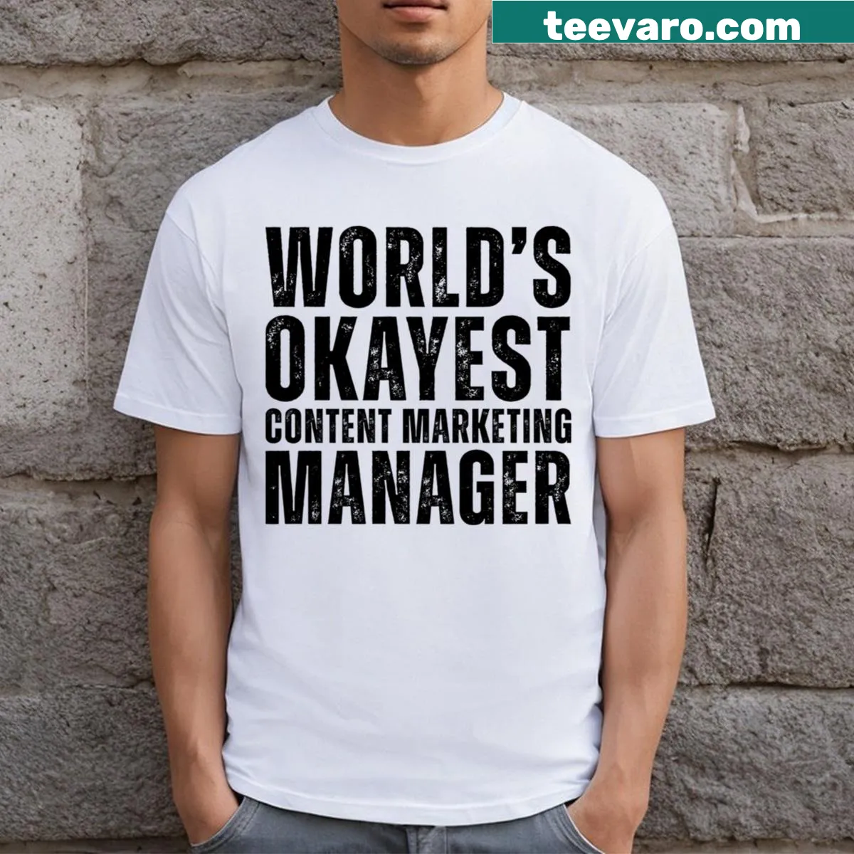 Humorous World's Okayest Content Marketing Manager t-shirt with bold typography — on a men's t-shirt