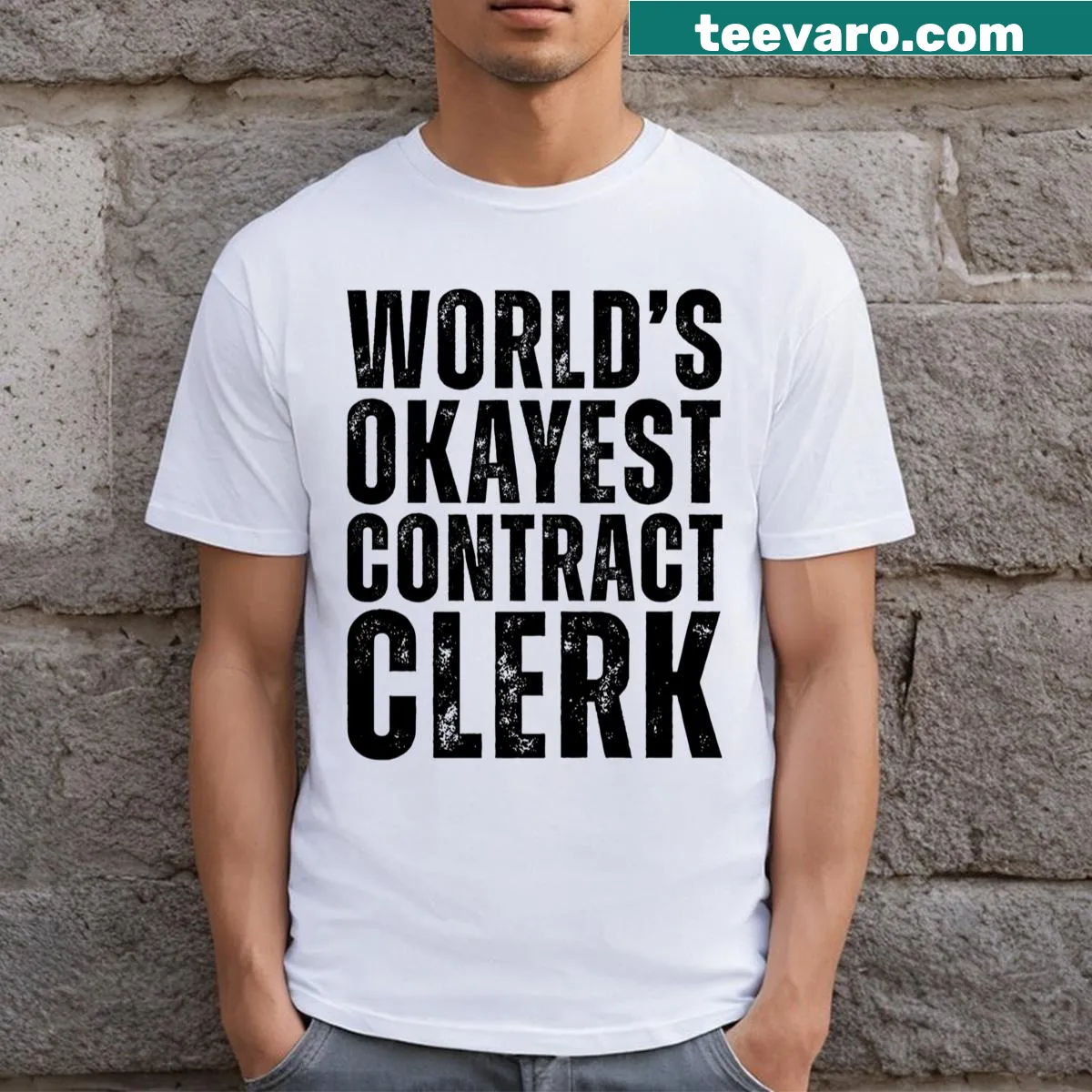 Funny World's Okayest Contract Clerk t-shirt with straightforward text — on a men's t-shirt