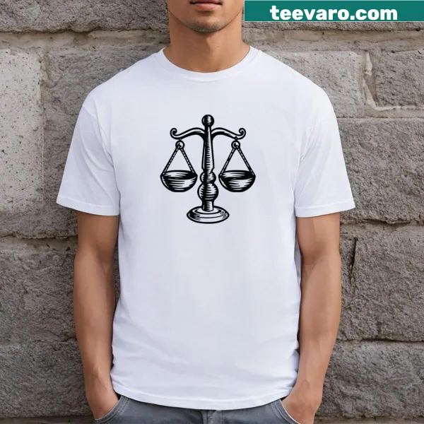 Illustrated Libra zodiac symbol with celestial elements on T-shirt