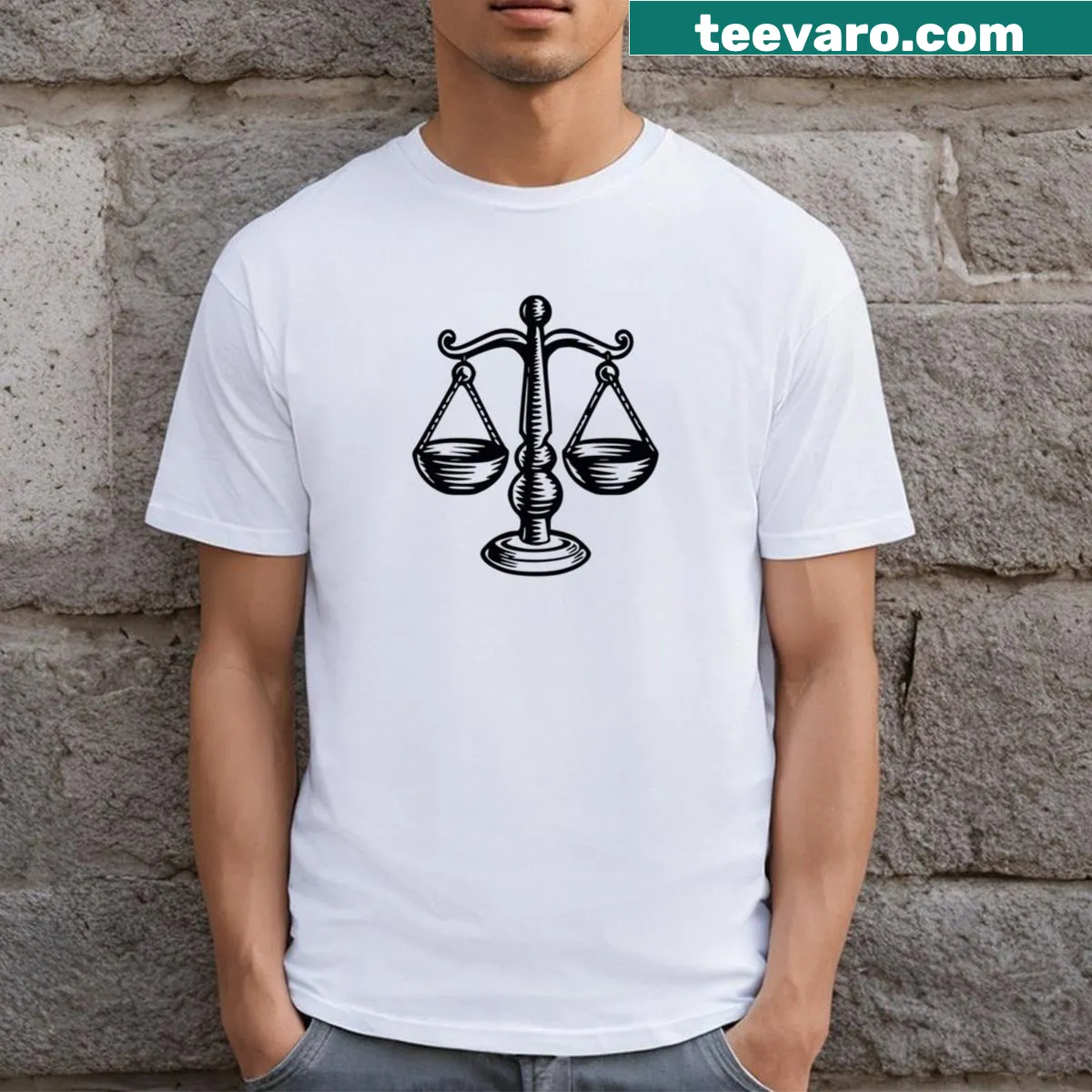 Illustrated Libra zodiac symbol with celestial elements on T-shirt — on a men's t-shirt