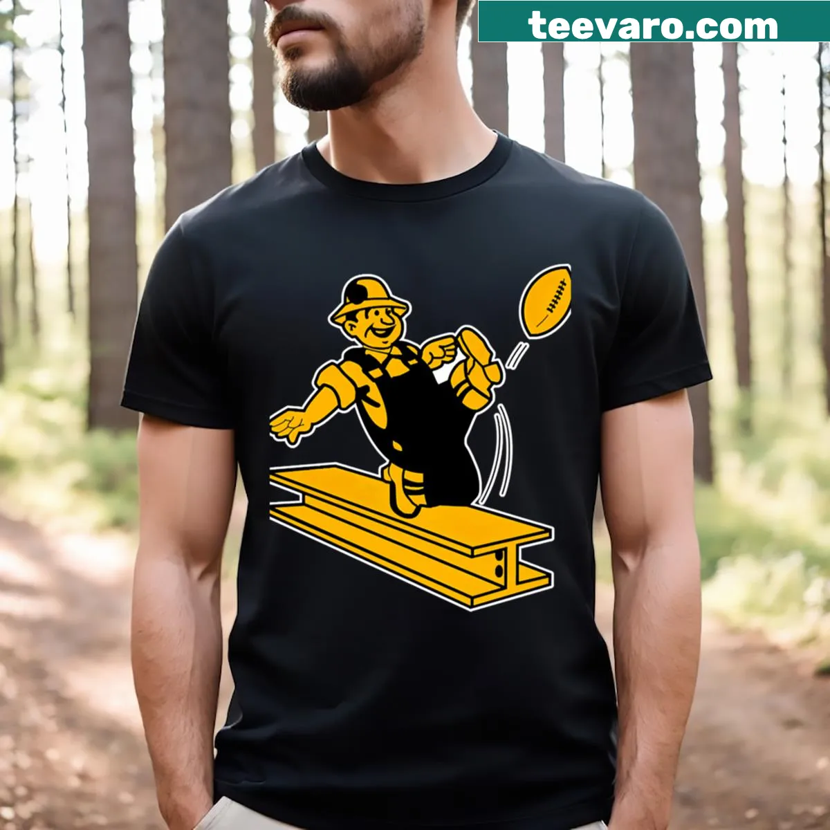Distressed T-shirt with Steely McBeam graphic for Pittsburgh Steelers fans — on a men's t-shirt