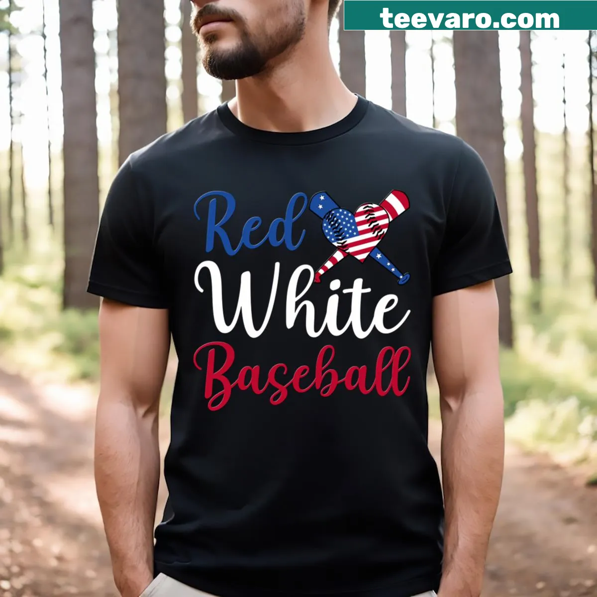 T-shirt featuring a heart design with baseball and patriotic colors — on a men's t-shirt
