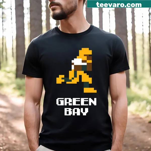 Pixelated Green Bay football graphic on a T-shirt celebrating gaming