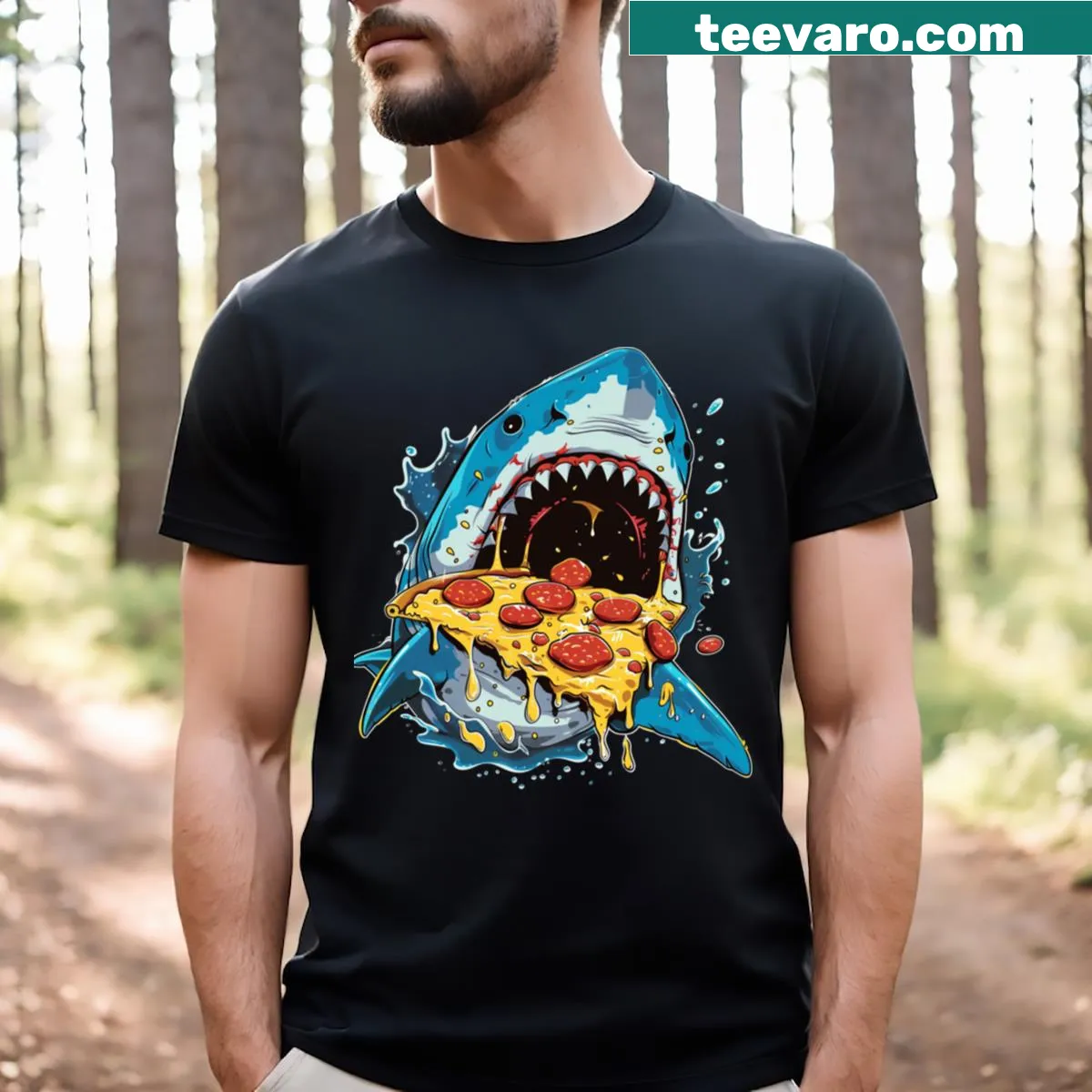 T-shirt illustrating a shark's journey in the ocean — on a men's t-shirt