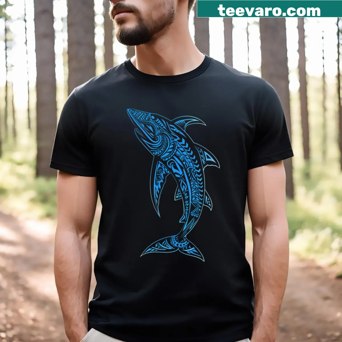 T-shirt featuring an adventurous shark illustration for ocean enthusiasts — on a men's t-shirt