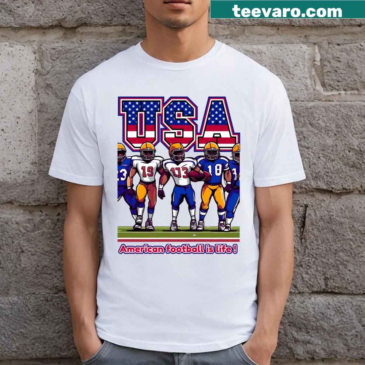T-shirt featuring the phrase 'Football Is Life' in bold print — on a men's t-shirt