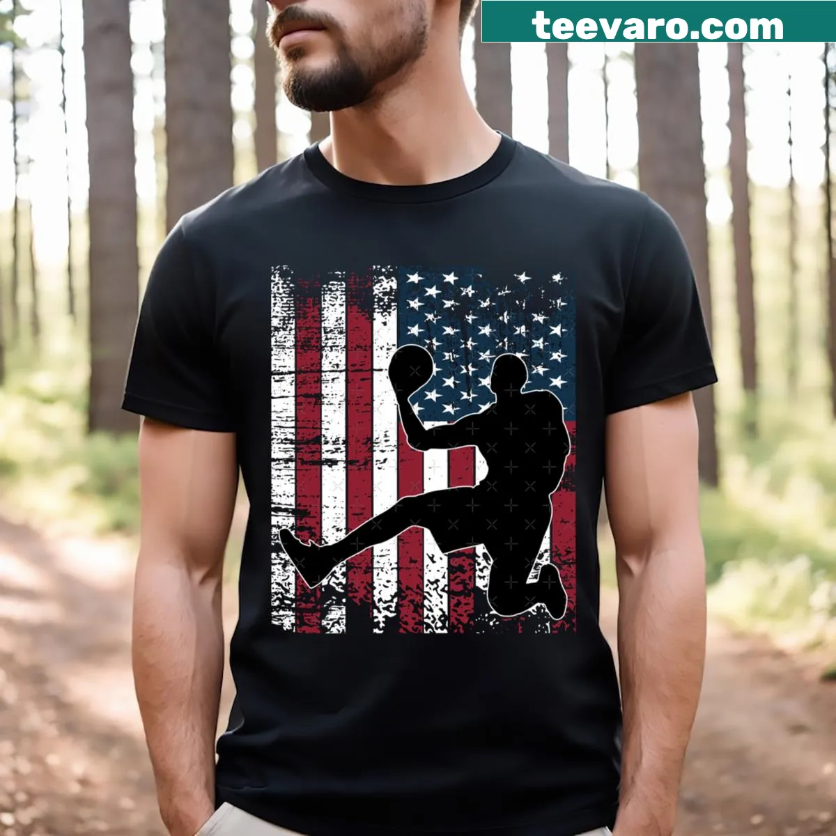 Basketball player graphic with American flag backdrop on t-shirt — on a men's t-shirt