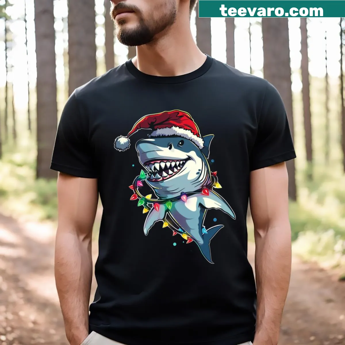 Illustrated sharks on a t-shirt celebrating underwater adventure — on a men's t-shirt