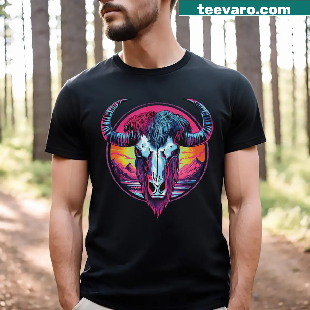 Bold buffalo skull illustrated T-shirt highlighting wildlife appreciation — on a men's t-shirt