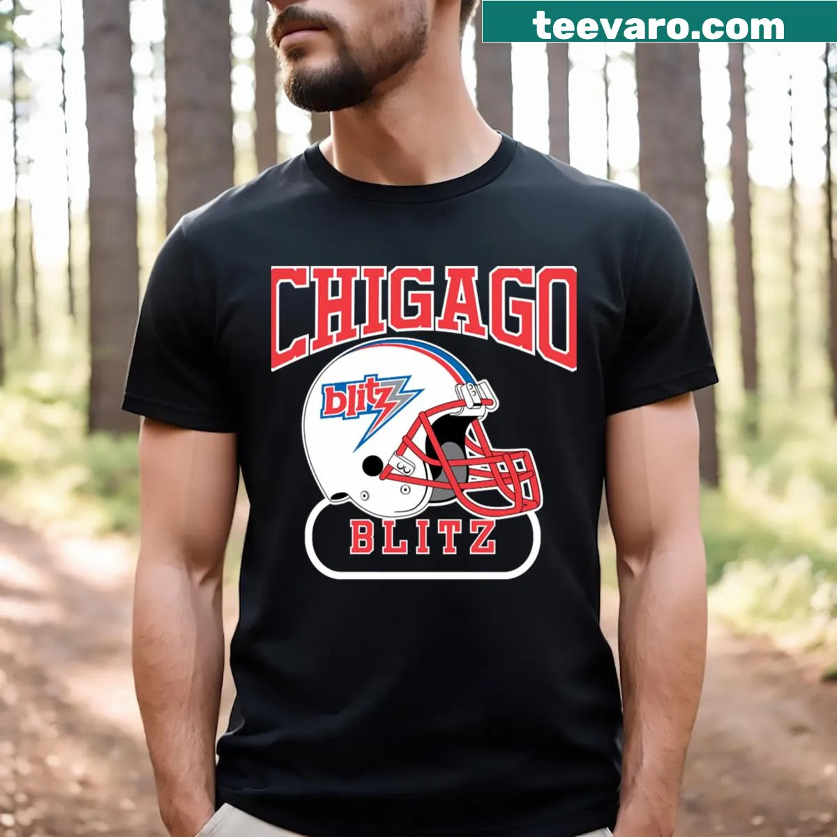 T-shirt featuring an illustrated Chicago football helmet — on a men's t-shirt