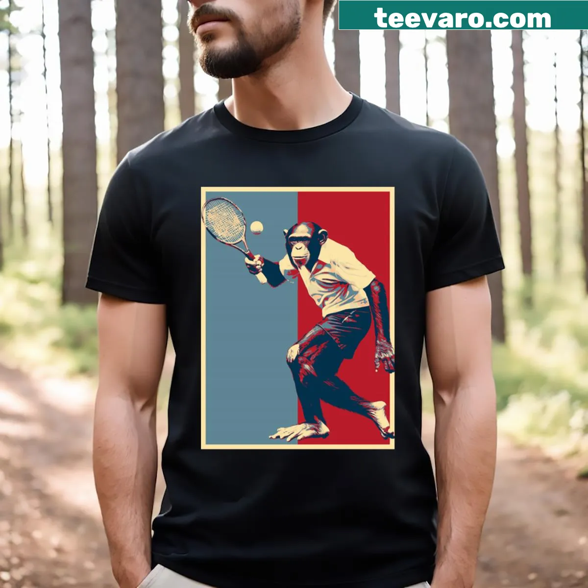 T-shirt featuring an illustration of a chimpanzee playing tennis — on a men's t-shirt
