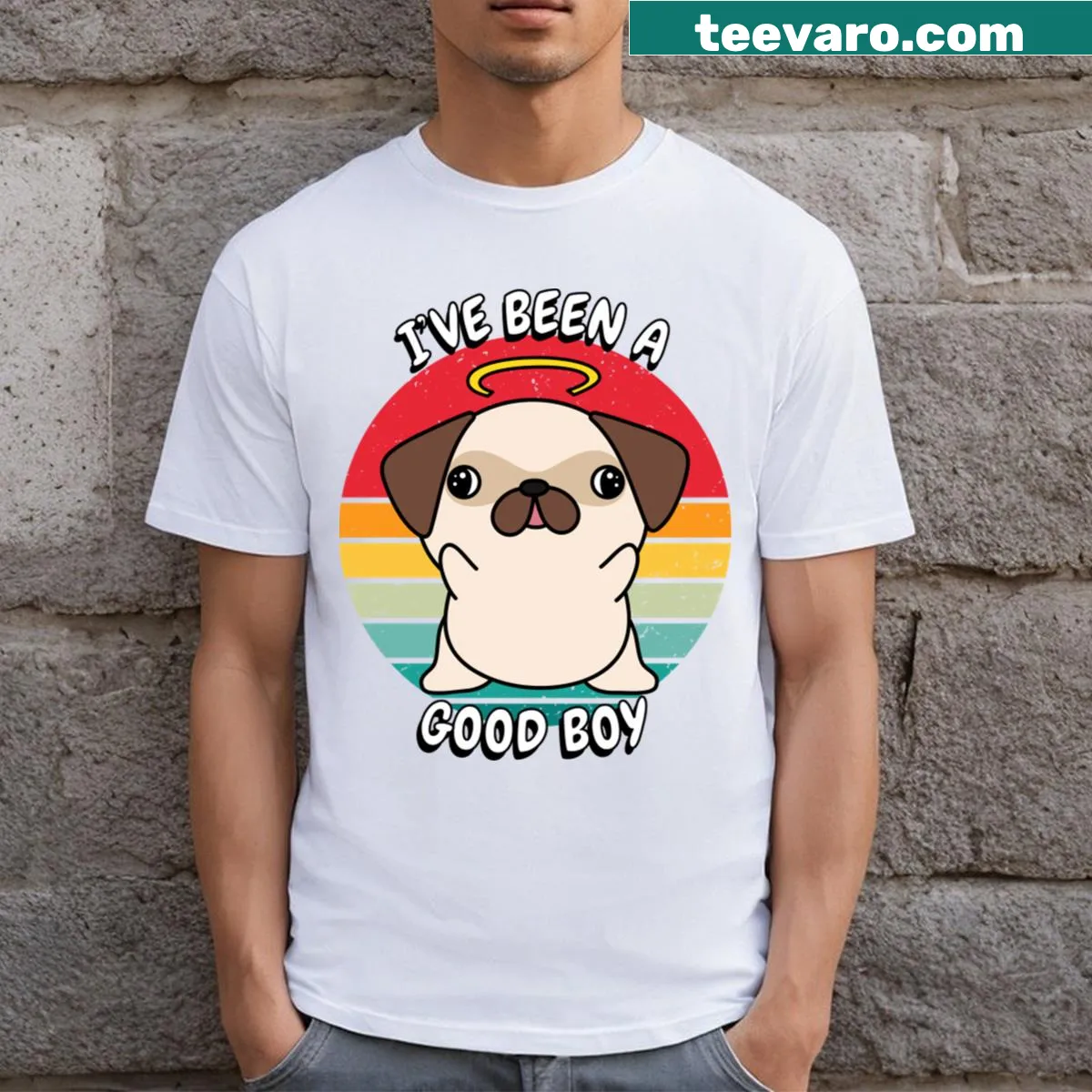 T-shirt featuring a cute pug illustration with text — on a men's t-shirt