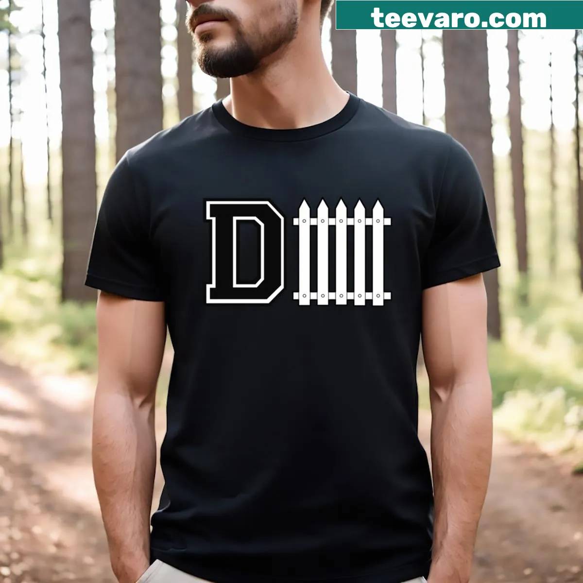 Minimalist D Fence T-shirt with bold typography — on a men's t-shirt