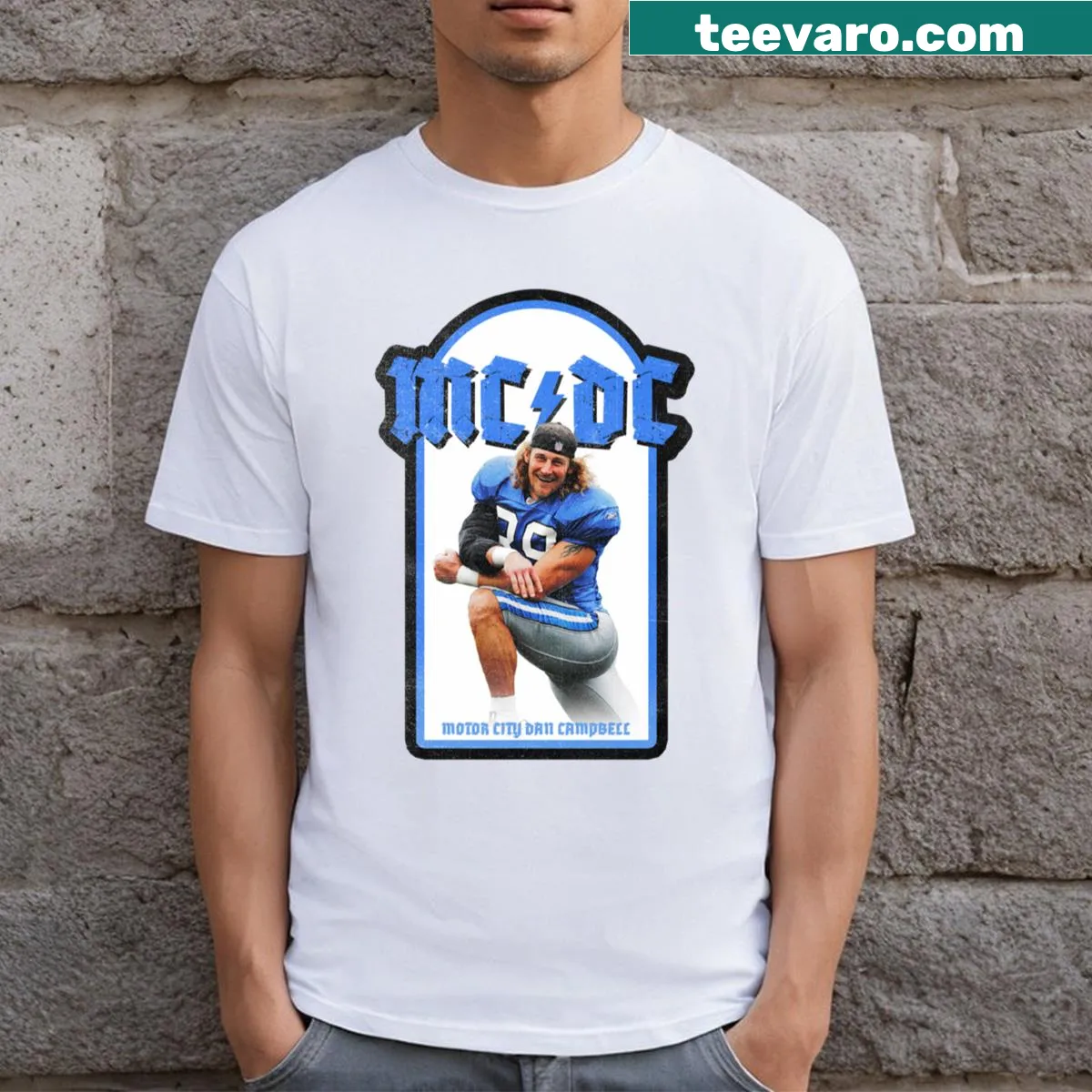 Illustration of Dan Campbell with Detroit Lions logo on T-shirt — on a men's t-shirt