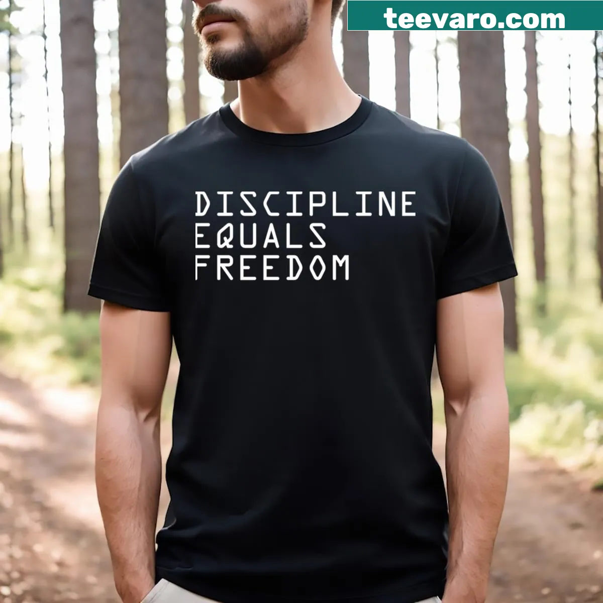 Typography graphic on shirt stating 'Discipline Equals Freedom' — on a men's t-shirt