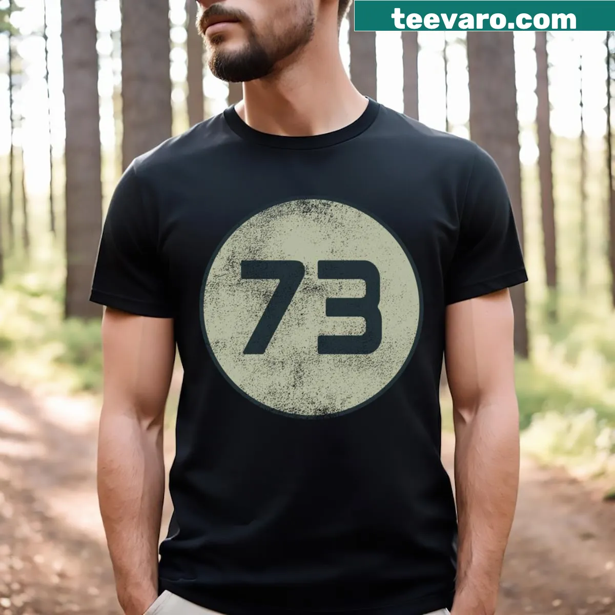 Distressed T-shirt featuring a bold '73' printed on the front — on a men's t-shirt