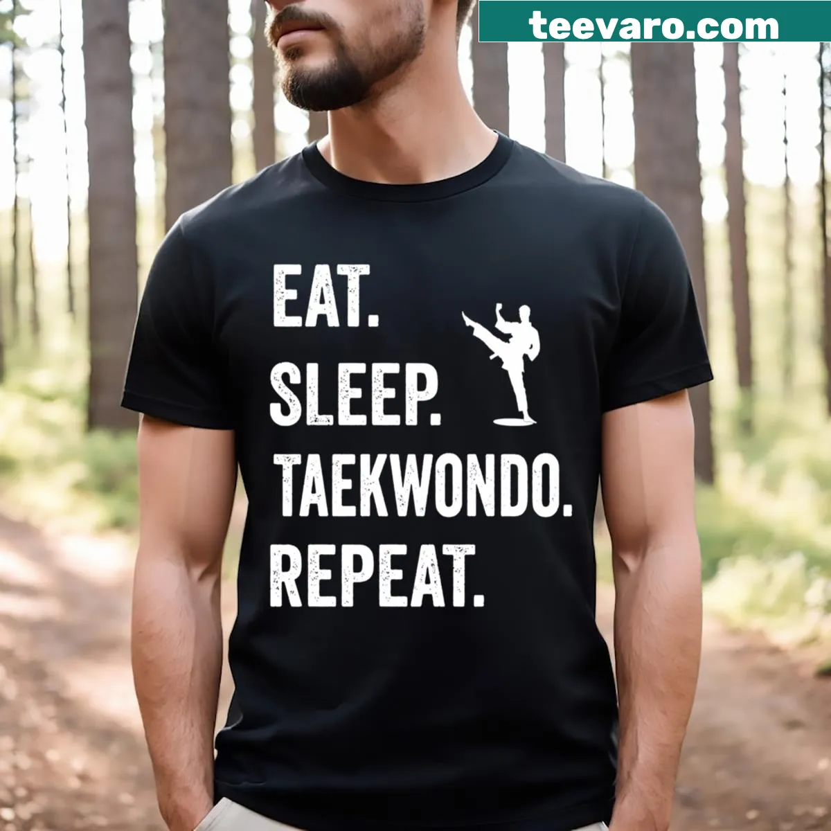 T-shirt featuring eat sleep taekwondo repeat phrase — on a men's t-shirt