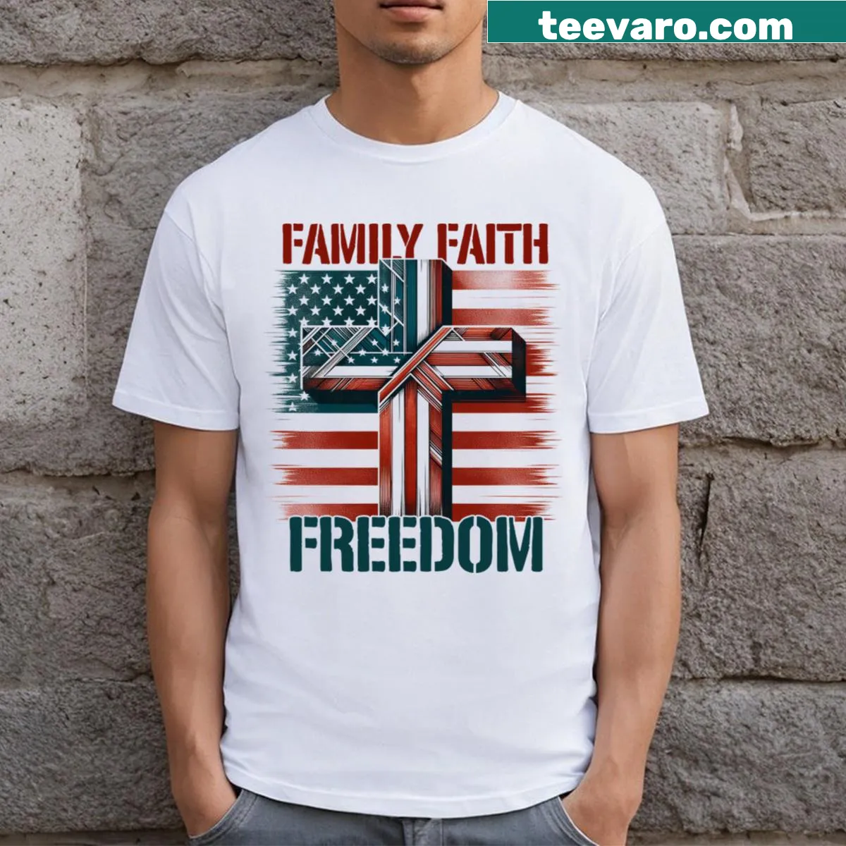 Patriotic T-shirt with text: Faith Family Freedom America — on a men's t-shirt