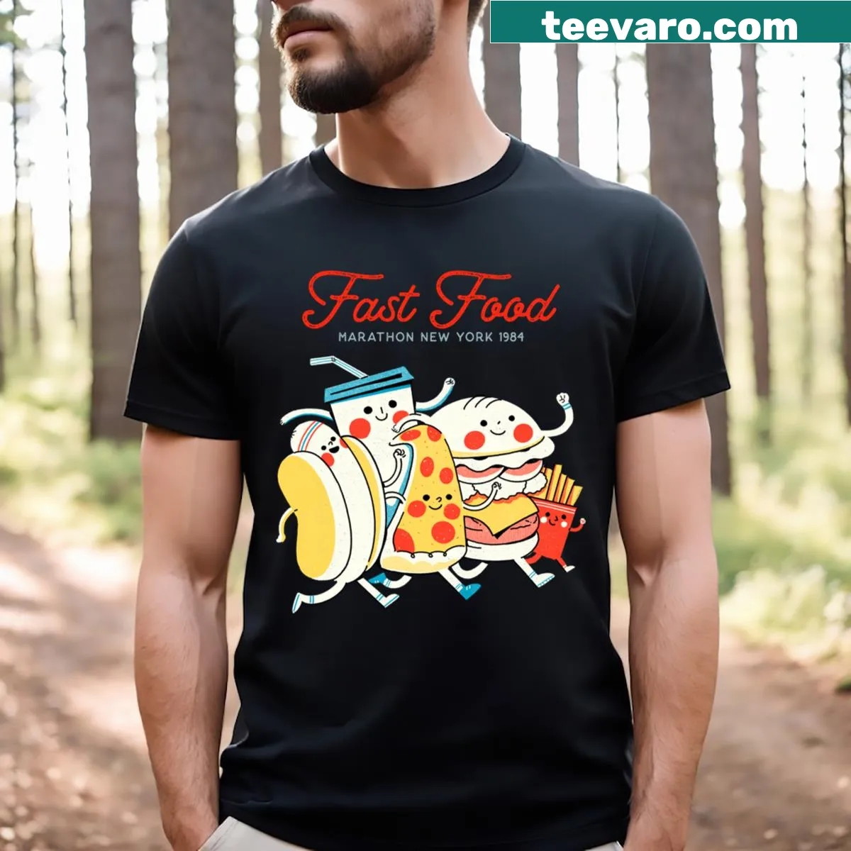 Fast Food Marathon t-shirt featuring running motifs and fast food graphics — on a men's t-shirt