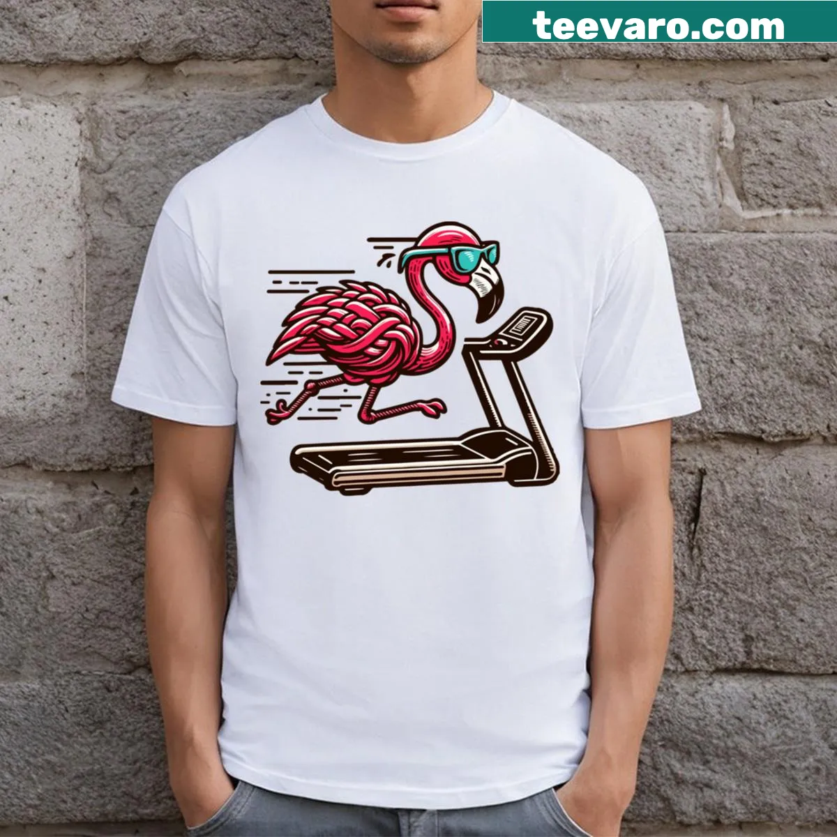 Flamingo Fitness t-shirt with whimsical flamingo design and knotwork graphics — on a men's t-shirt