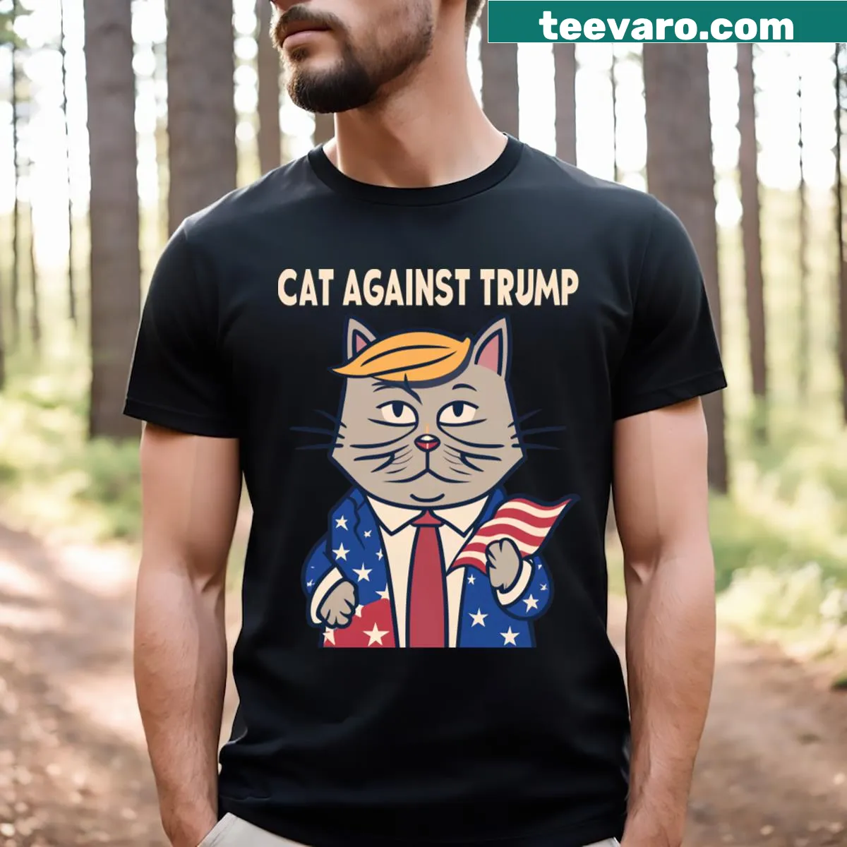 T-shirt featuring humorous graphic of cats against Trump — on a men's t-shirt