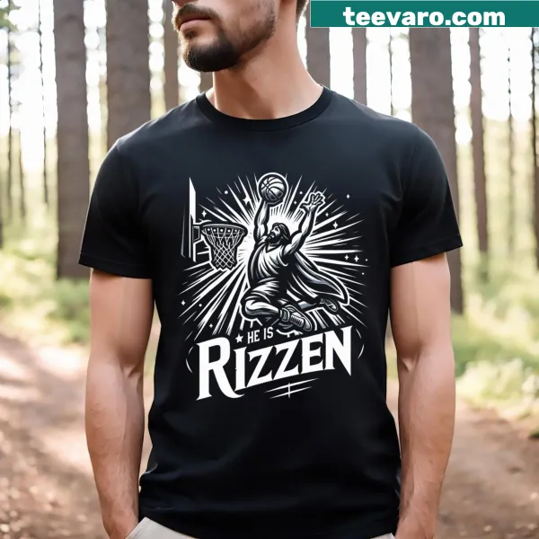 Typography t-shirt with the phrase 'He Is Rizzen' in a playful Easter theme
