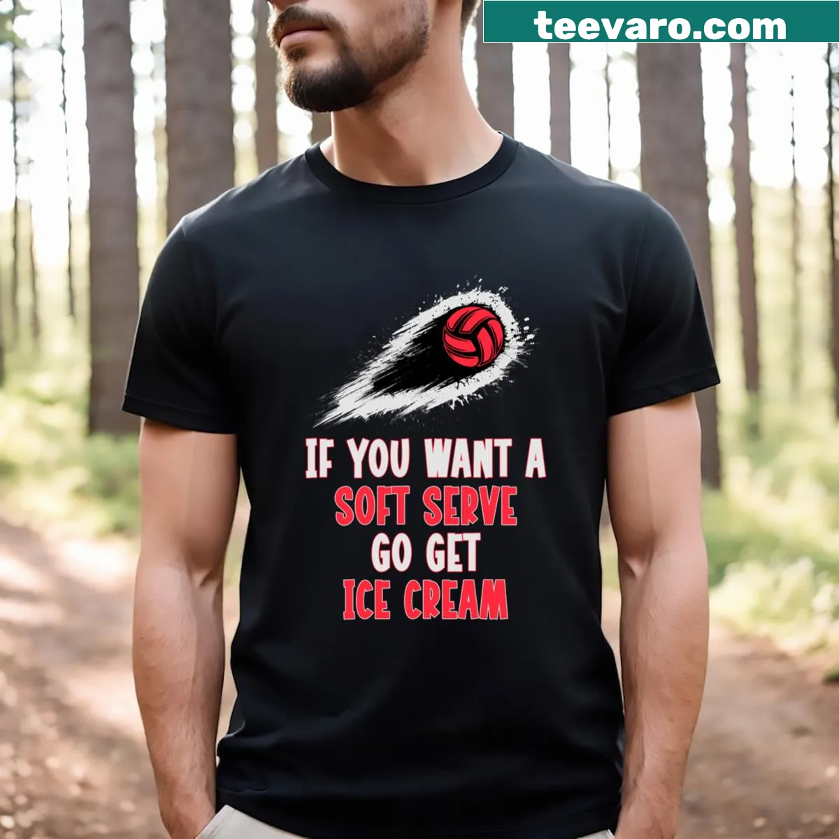 Humorous volleyball quote t-shirt for moms with playful text design — on a men's t-shirt