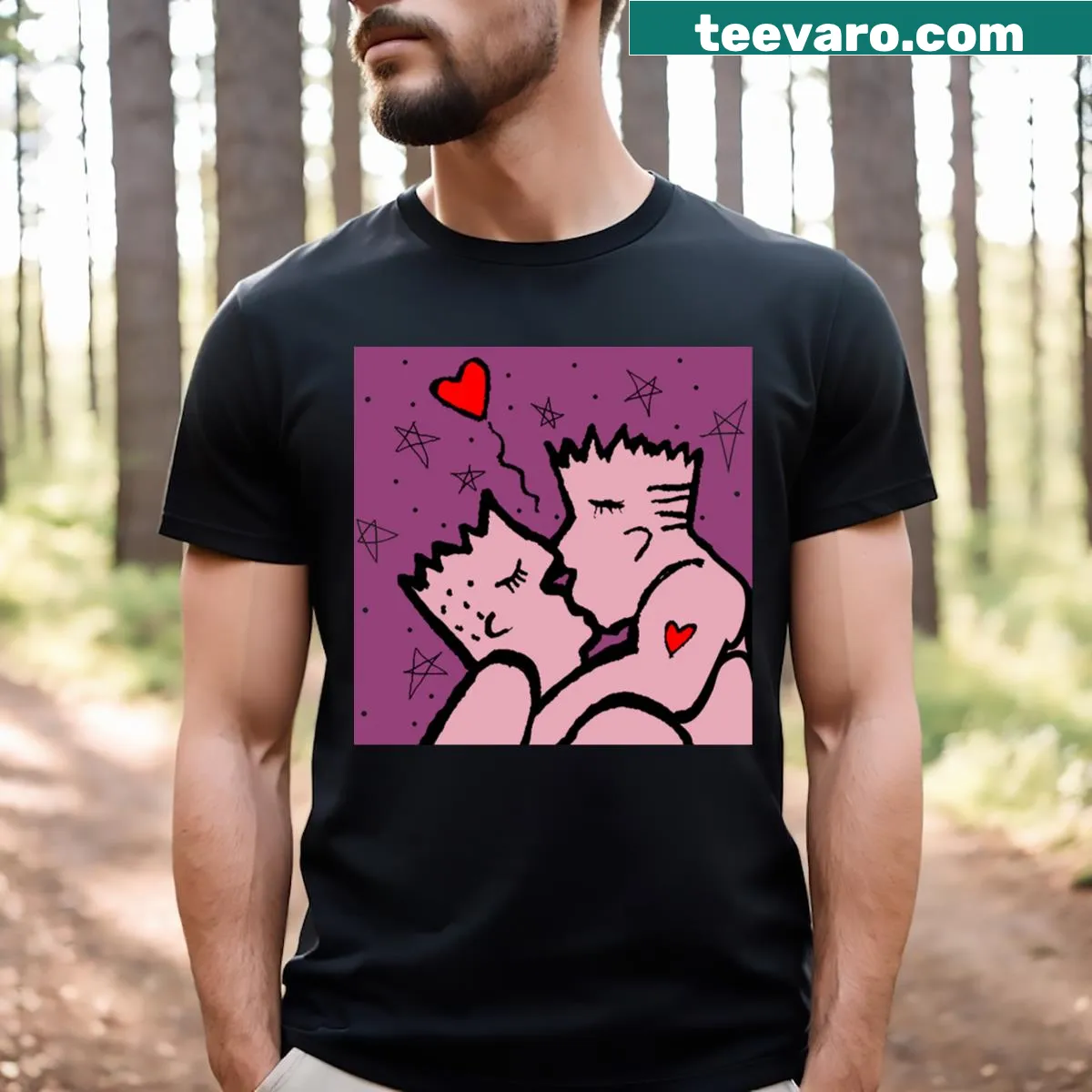 Cartoon illustration of a gay kiss on a colorful t-shirt — on a men's t-shirt
