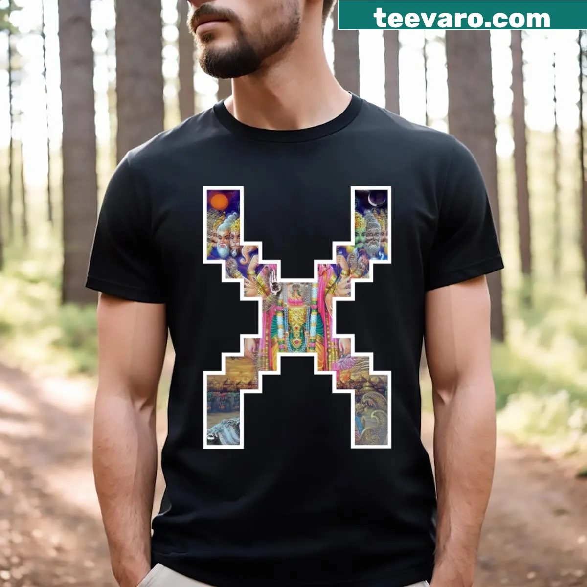 Illustrative t-shirt featuring a girl DJ surrounded by music elements — on a men's t-shirt