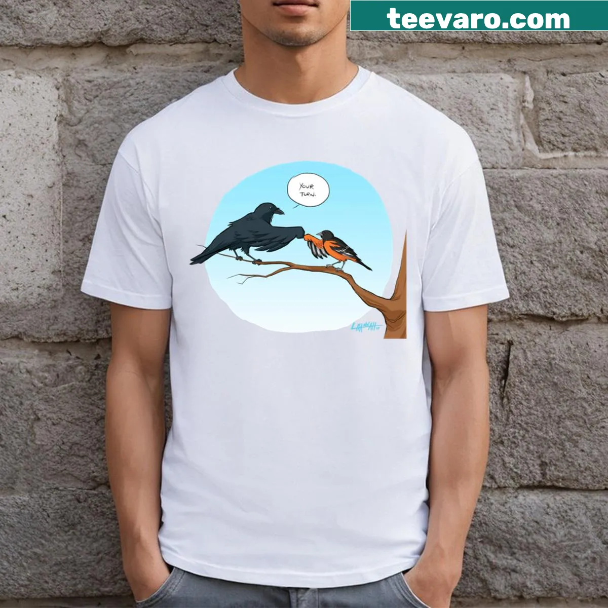 Baltimore Birds team pride T-shirt with bold typography — on a men's t-shirt