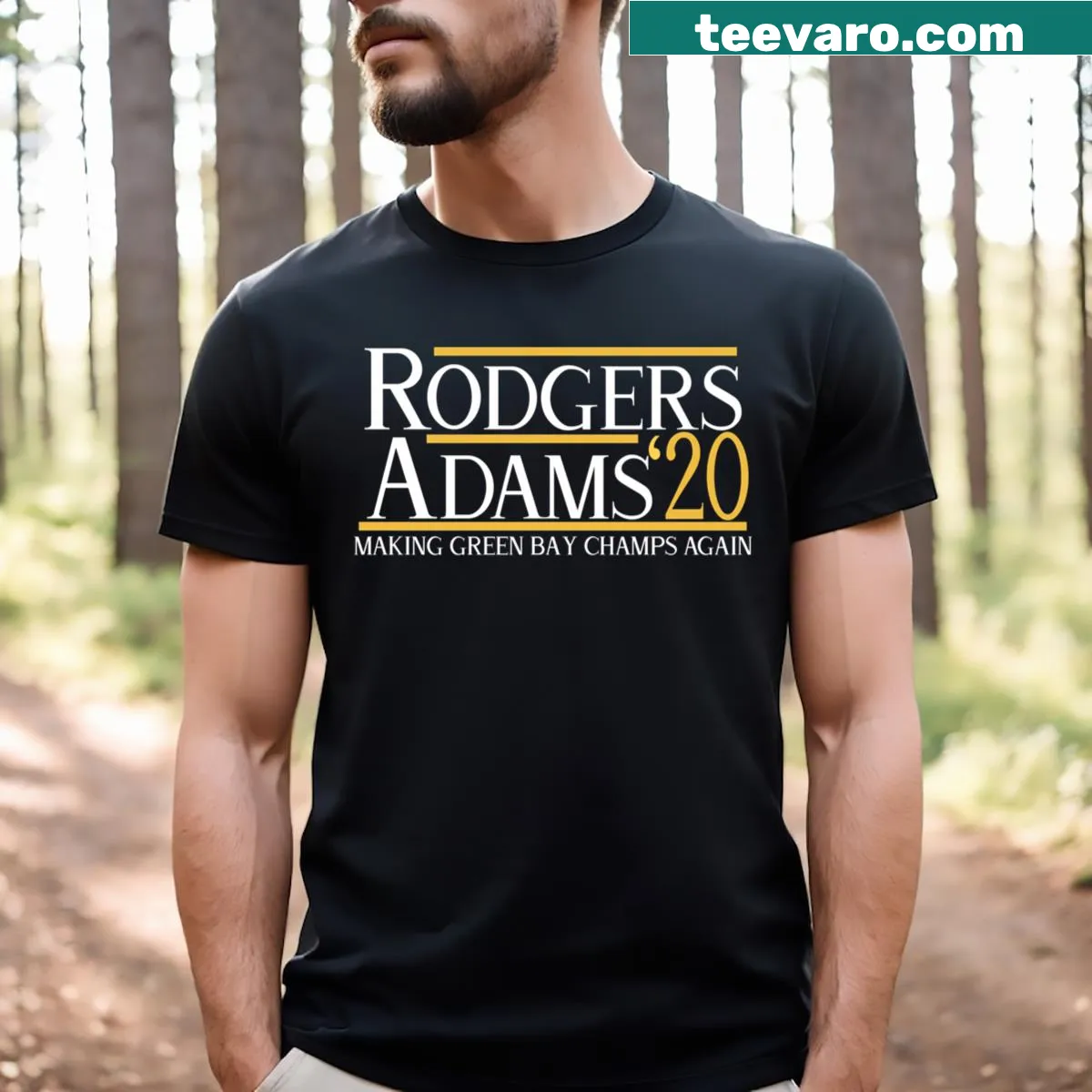 Green Bay football tribute T-shirt featuring Rodgers and Adams — on a men's t-shirt