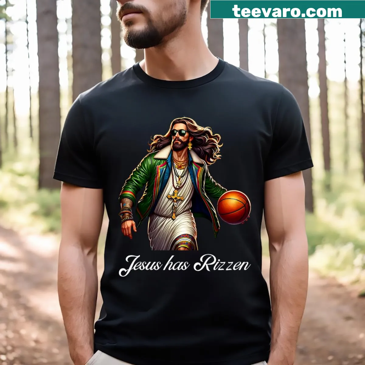 Humorous basketball T-shirt with playful text about Jesus — on a men's t-shirt