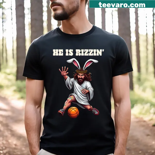 Funny Easter T-shirt featuring a playful Jesus Bunny playing basketball