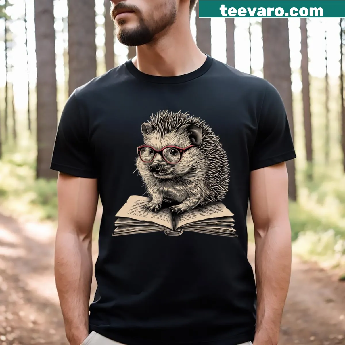 Illustrated hedgehog surrounded by hearts on a T-shirt. — on a men's t-shirt