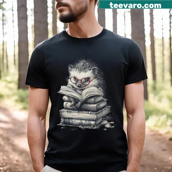 Hedgehog nestled in arms illustration on a T-shirt.