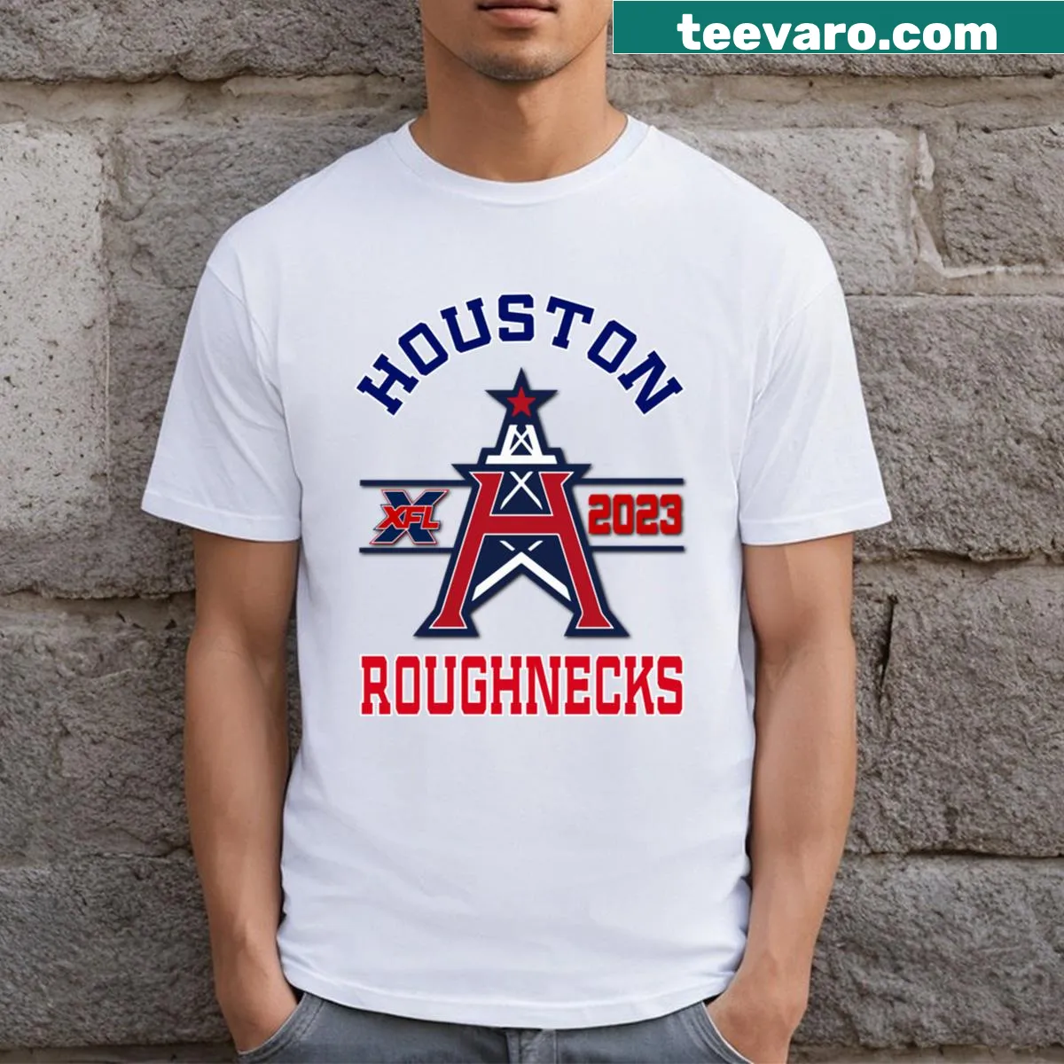 Bold typography featuring 'Houston Roughnecks 2023 XFL' — on a men's t-shirt