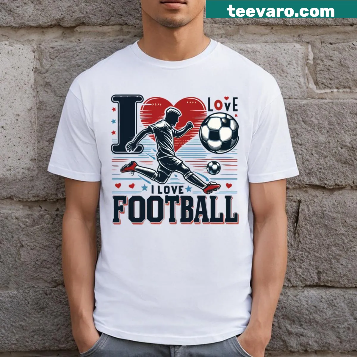 Bold text T-shirt stating I Love Football — on a men's t-shirt