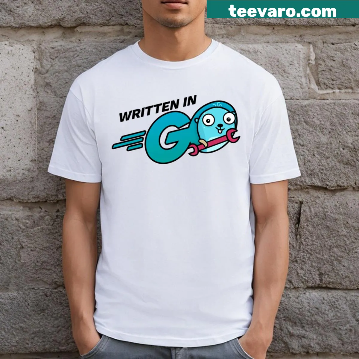 Graphic tee featuring programming phrase 'I'm Written In Go' — on a men's t-shirt