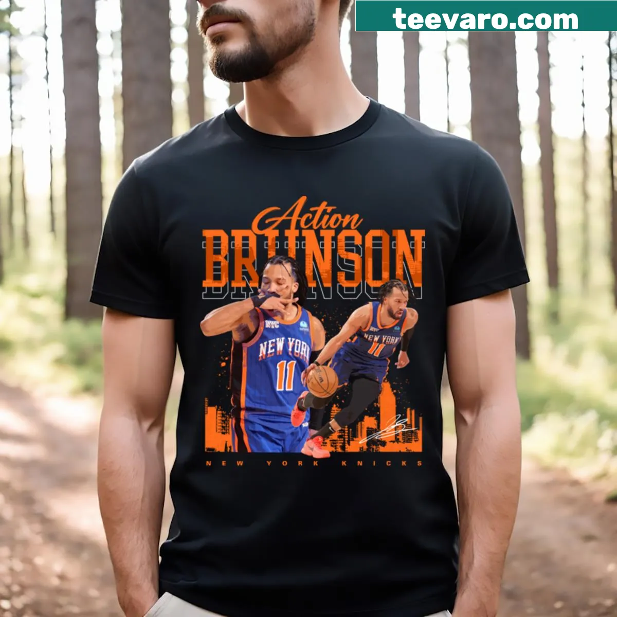 Dynamic action T-shirt featuring Jalen Brunson — on a men's t-shirt