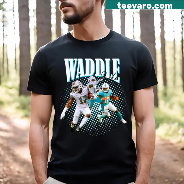 Bold graphic shirt displaying Jaylen Waddle's name and number.