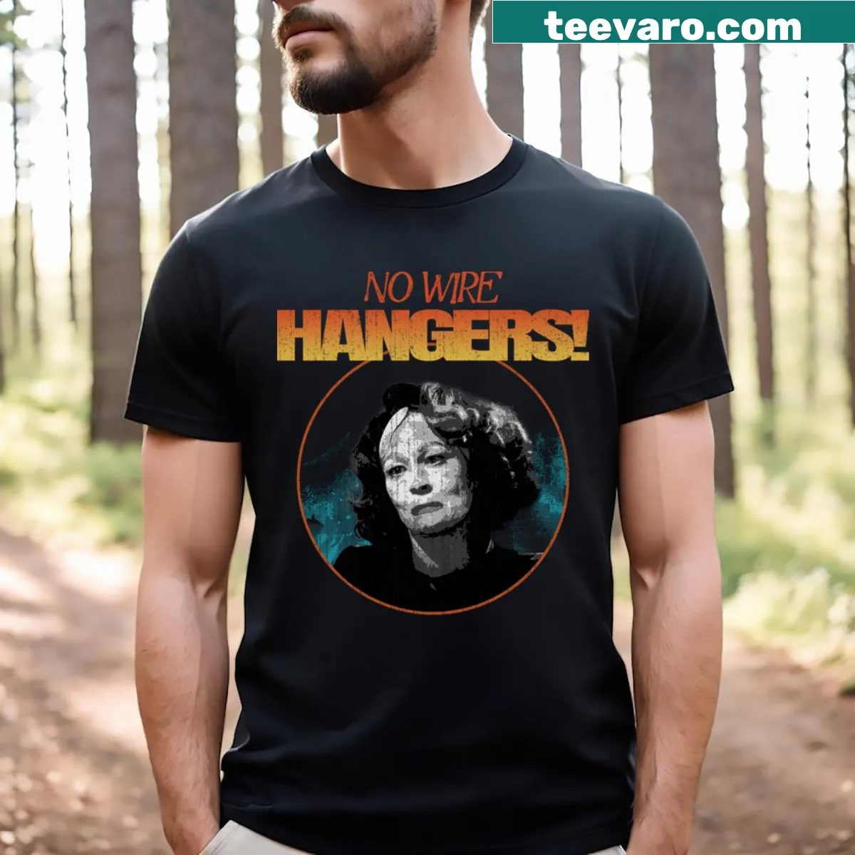 T-shirt featuring the phrase 'No Wire Hangers!' in bold text. — on a men's t-shirt