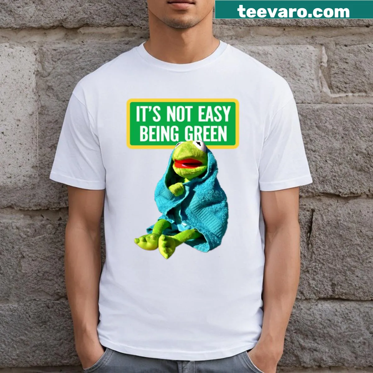 Kermit the Frog t-shirt with 'It's Not Easy Being Green' text — on a men's t-shirt