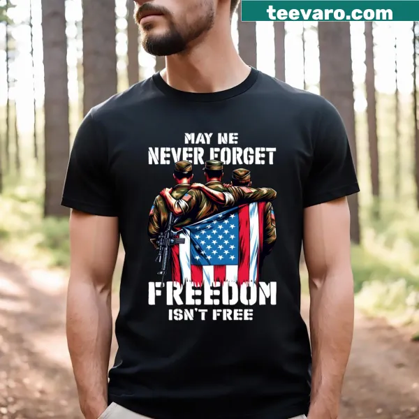 Patriotic T-shirt with 'May We Never Forget' slogan and emblem design