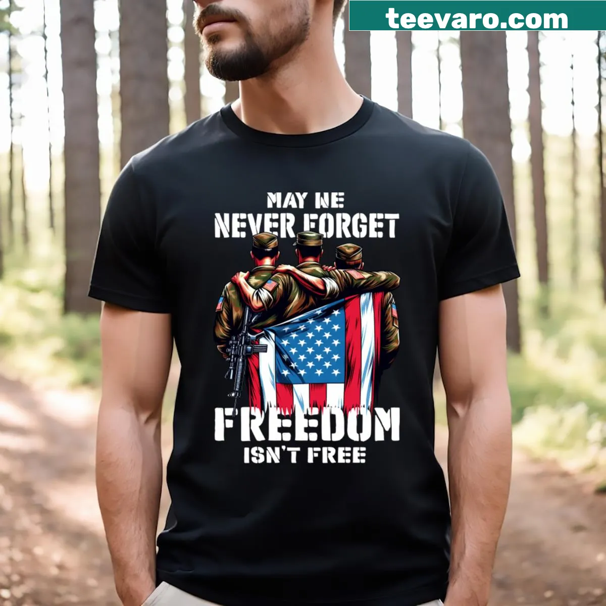 Patriotic T-shirt with 'May We Never Forget' slogan and emblem design — on a men's t-shirt