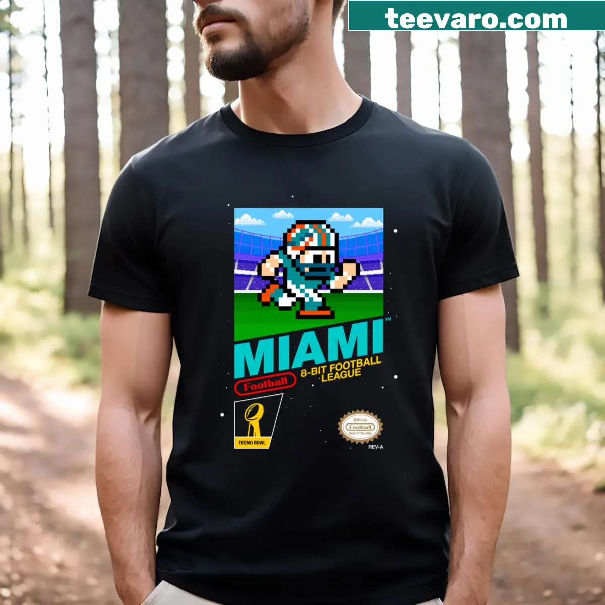 Retro pixel art graphic tee featuring Miami Dolphins theme — on a men's t-shirt