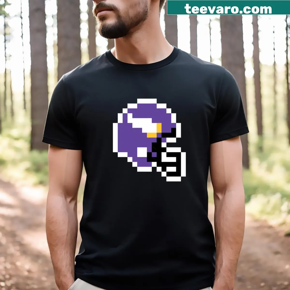 Retro 8-bit Minnesota Vikings football helmet design — on a men's t-shirt