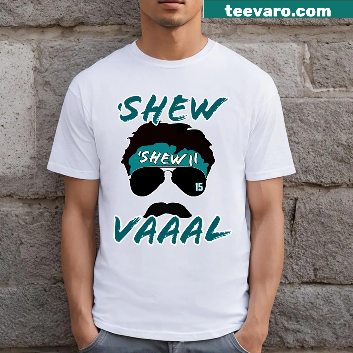 Minshew Mania-themed t-shirt with playful text design — on a men's t-shirt