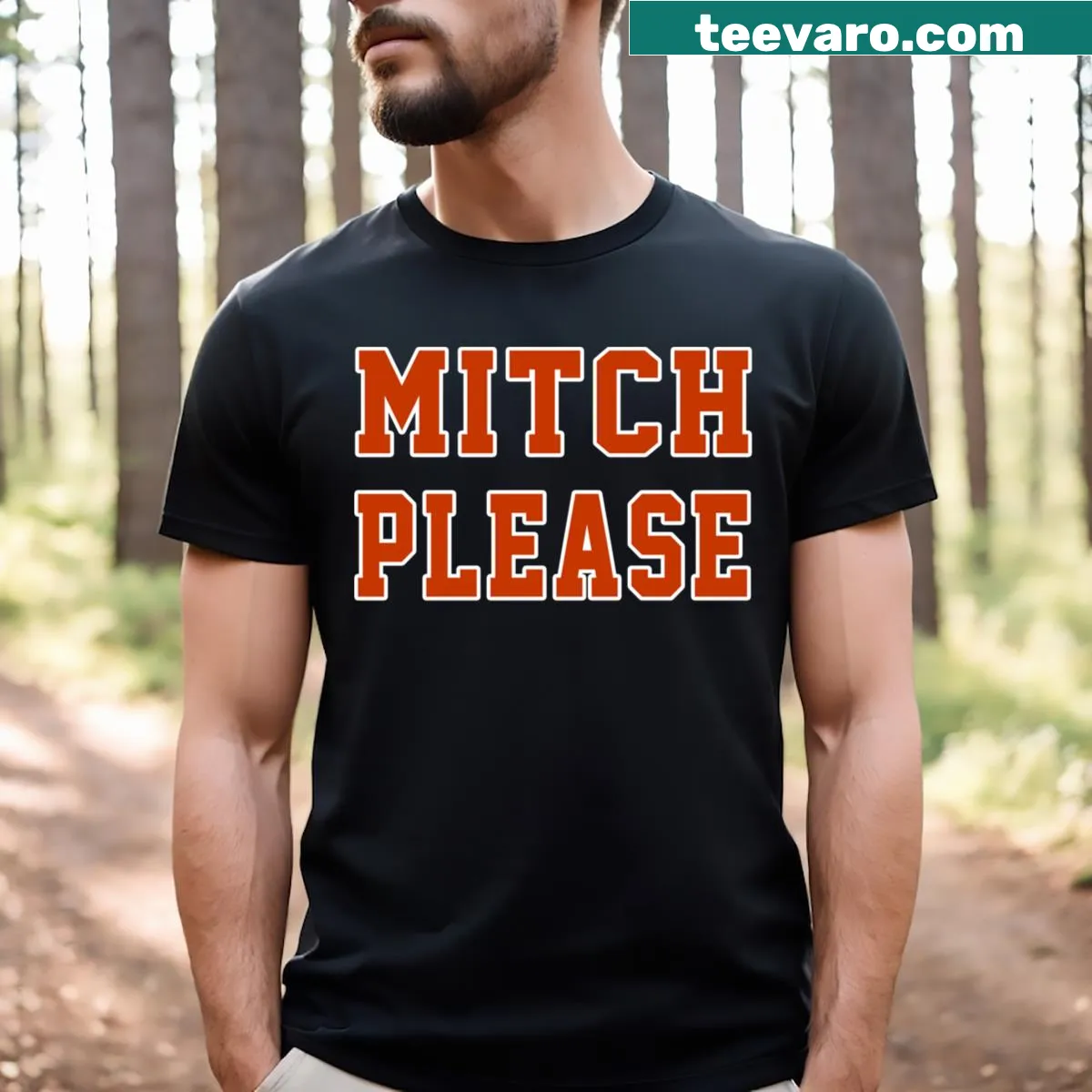 Chicago Bears t-shirt with 'Mitch Please' text design — on a men's t-shirt
