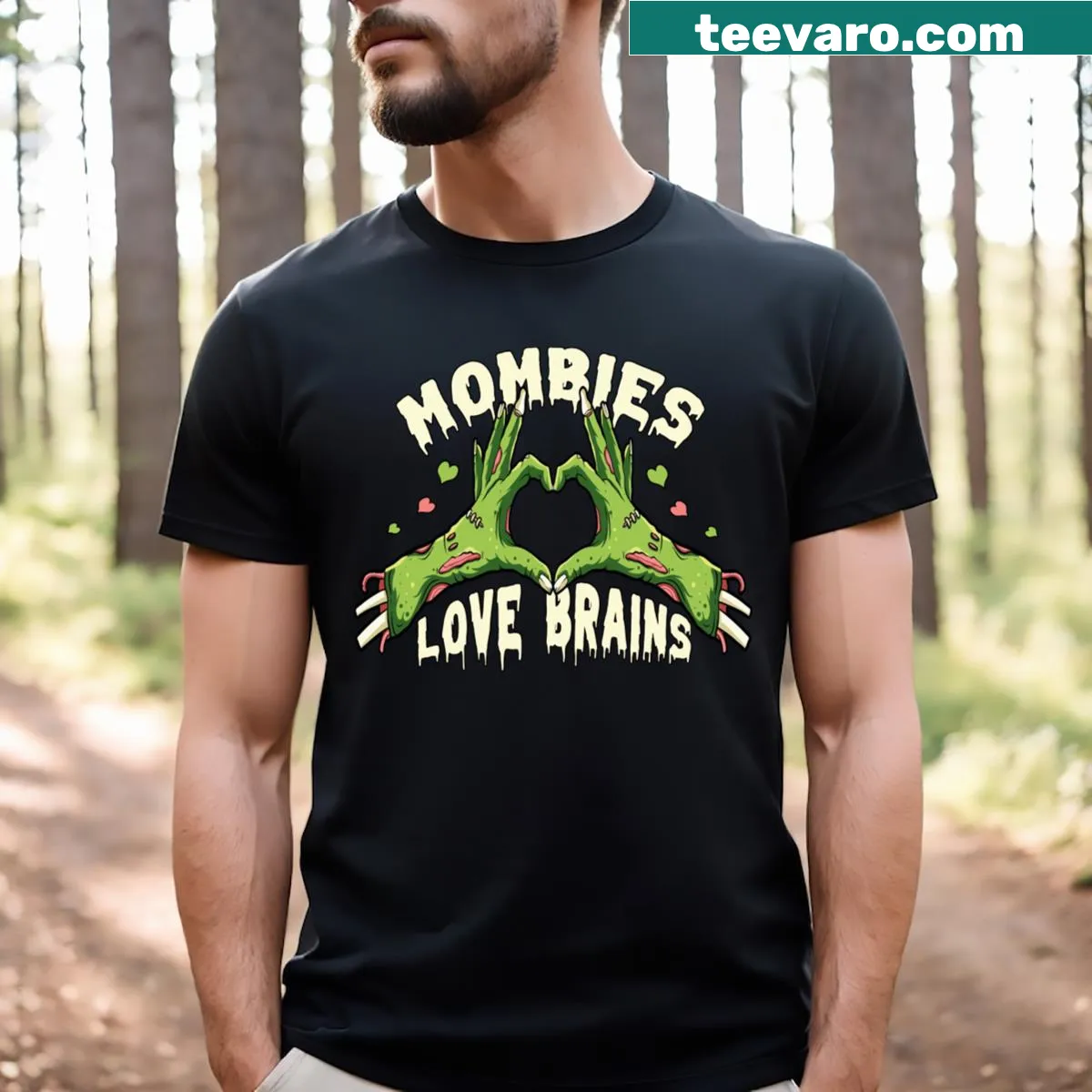 Cute cartoon zombie graphic with 'Mombies Love Brains' text on a T-shirt — on a men's t-shirt