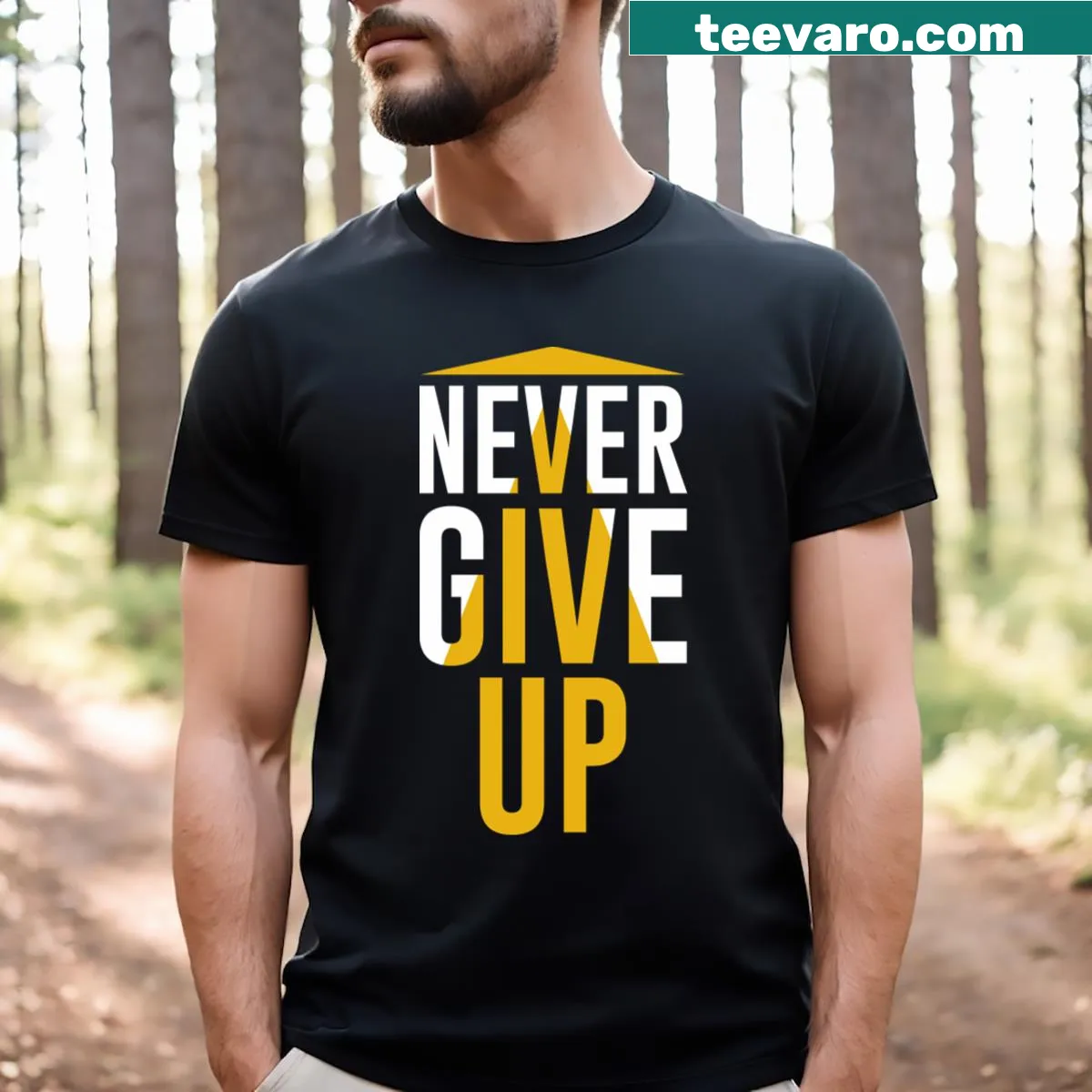 Inspirational T-shirt with the phrase 'Never Give Up' — on a men's t-shirt